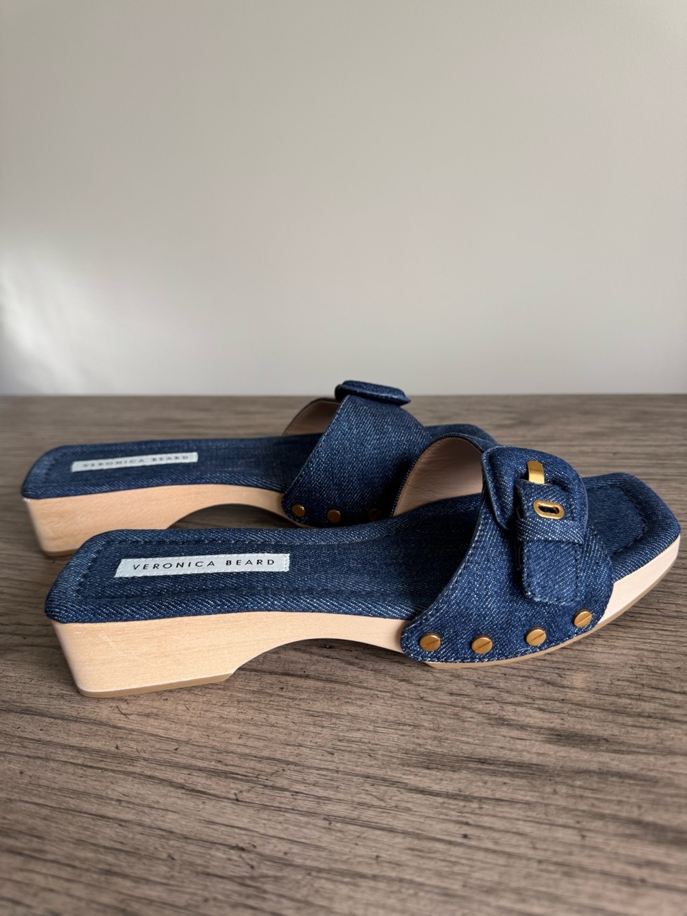 Veronica Beard Davina Dark Navy Denim Sandals Slide Wooden Clog Mule Buckle